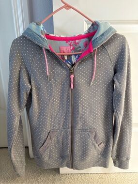 Joules Grey Polka Dot Zip Hoodie with Pink Trim and Floral Hood Lining